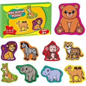 Wild Animal Wooden Puzzle Set 9 Animals 3-5 Pieces NEW